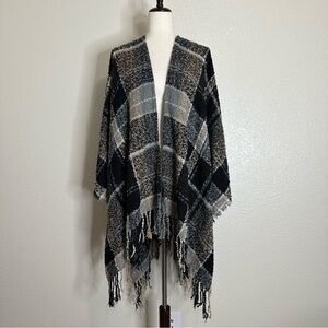 NWT Ganz Plaid Fringe Shawl Sweater, One Size